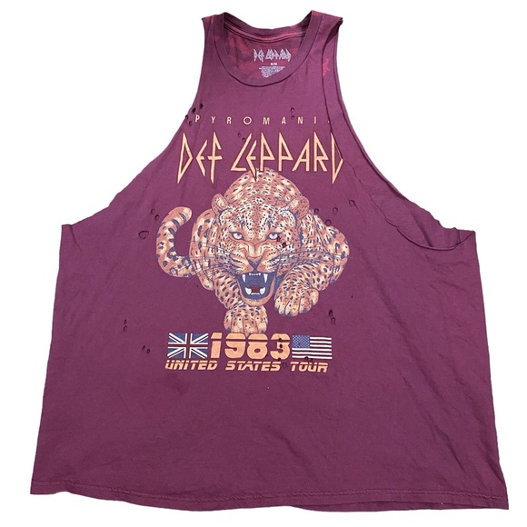 Thrashed Def Leppard Cut-Off Tank Top in Maroon Oversized Fit - Picture 1 of 5